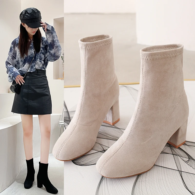 

Женские ботинки до середины икры, ботинки с круглым носком, кожаные ботинки на низком каблуке, с резиновой хлопковой тканью, на шнуровке, в р...