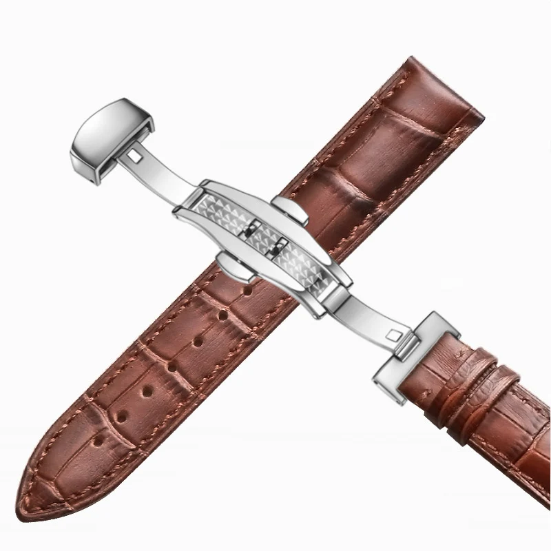 Ремешок кожаный для наручных часов универсальный браслет с застежкой бабочкой в