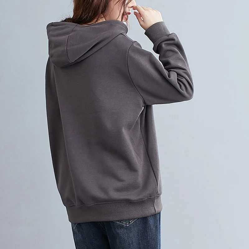 

Women Casual Hoodies New 2020 Autumn Korean Simple Style Vintage Floral Embroidery Loose Female Cotton Hooded Sweatshirt S2267