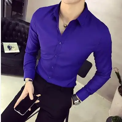 Для мужчин чистый хлопковая рубашка Slim Fit модная одежда с длинными рукавами, повседневные рубашки для работы Для мужчин рубашки Высокое качество Camisas - Цвет: Sapphire blue
