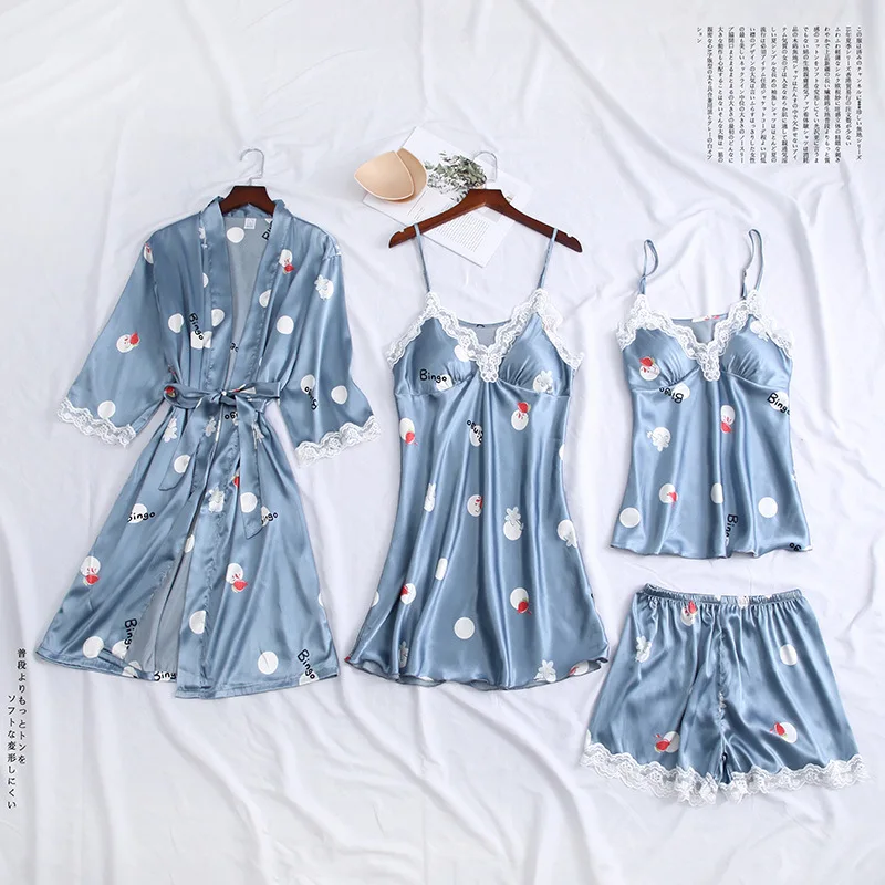 

Новый сексуальный пижамный комплект, женская шелковая одежда для сна, атласная ночная рубашка с цветочным принтом, комплект из 4 предметов, ...