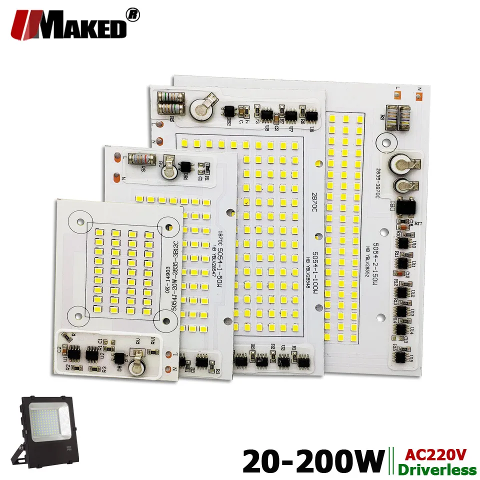 AC220V светодиодный PCB 20 Вт 30 Вт 50 Вт 100 Вт 200 Вт Светодиодный модуль прожектора алюминиевая пластина белый/теплый SMD2835 умный IC драйвер для прожектора лампы