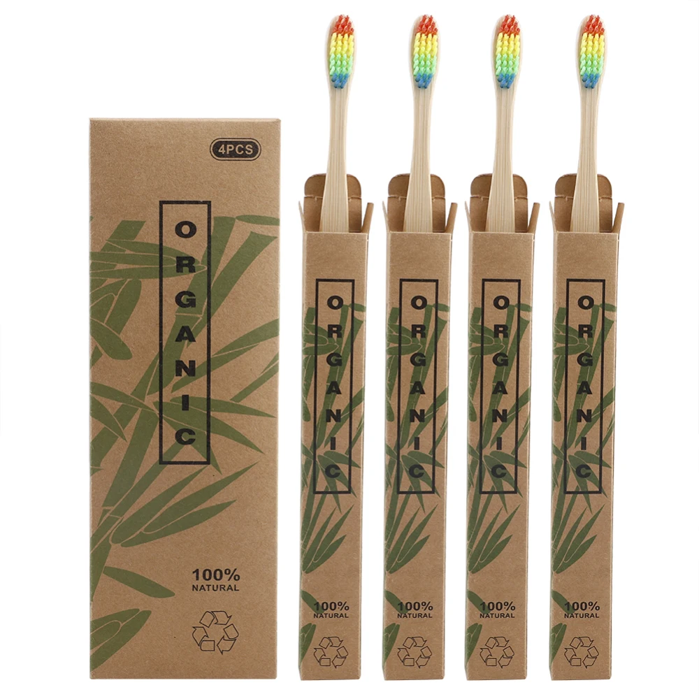 

4 пачки локоны волос Радужный дорожный BambooToothbrushes Эко-дружественных зубные щетки с мягкой щетиной для жениха Уход за полостью рта органическ...