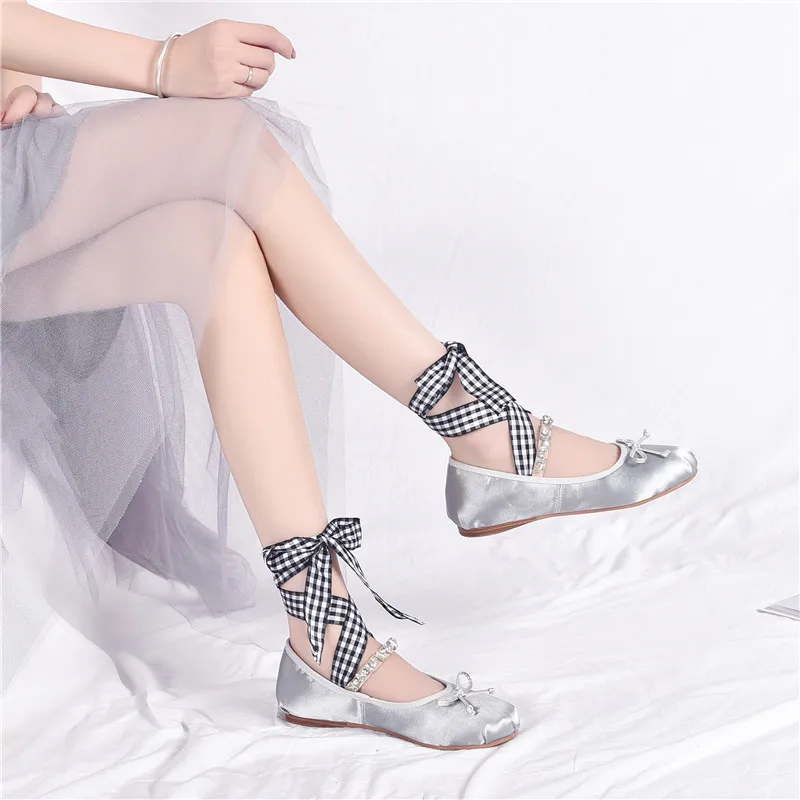 Mary Janes ladies single shoes brand glitter crystal bowknot silk moccasins retro cross-tied women flats ballerinas loafer | Обувь