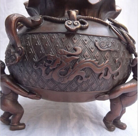 ---518+++10&quot Chinese Pure Bronze Dragon RuYi Coin Statue Kid Child Incense Burner Censer | Дом и сад
