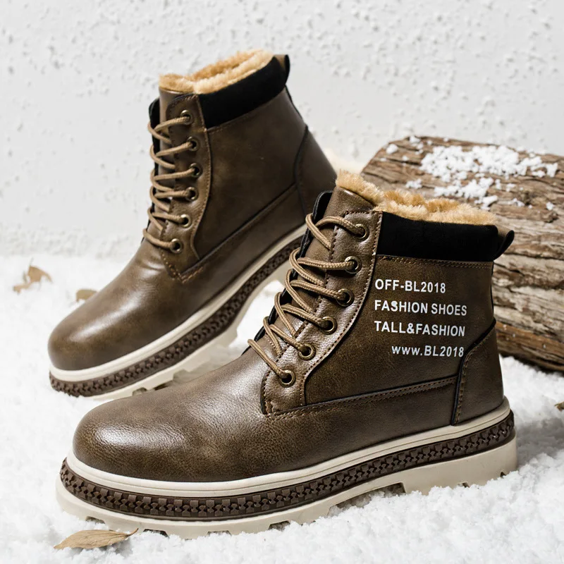 Зимние мужские ботинки с мехом теплая флисовая кожаная обувь высокие со