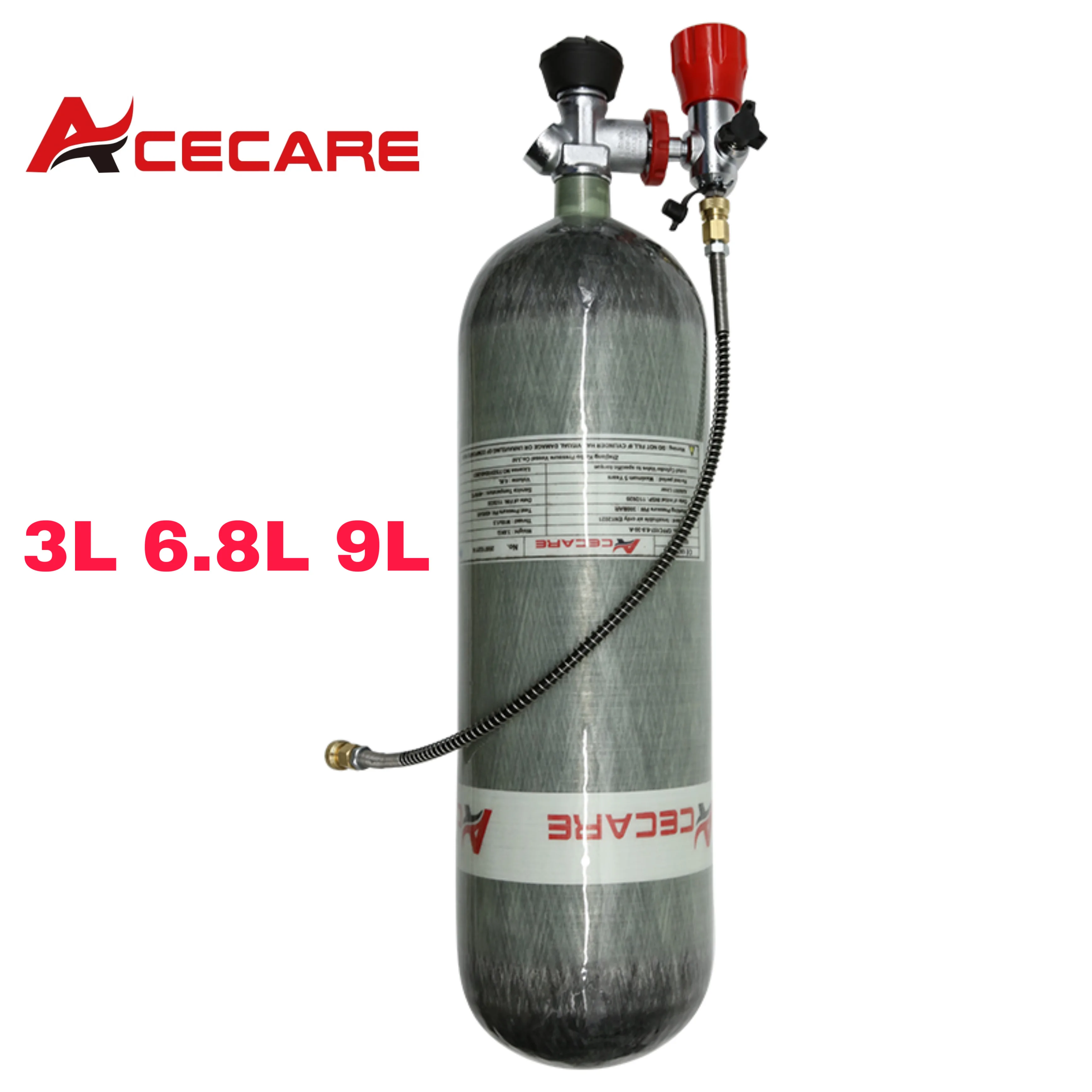 Баллон из углеродного волокна Acecare 3 л/6 8 л/9 л 300 бар/4500 фунт/кв. Дюйм HPA Pcp Воздушный