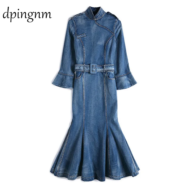 Женское джинсовое облегающее платье повседневное длинное синее размера плюс