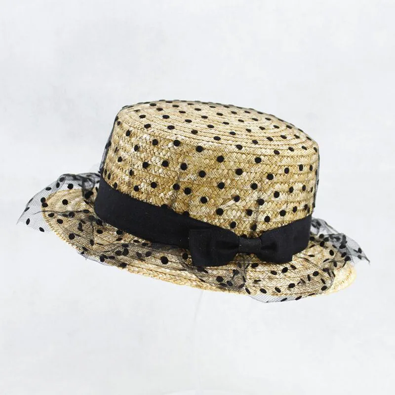 Женская соломенная шляпа от солнца черная в сеточку горошек с широкими полями