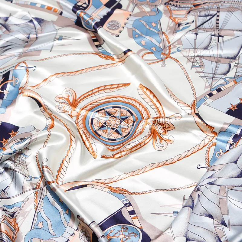 

FXAASS Bandana Women Hijab Square Scarf Fashion Lady Retro Luxury Silk Scarf Shawls Sailboat Print 90*90cm Large Cape Headscarf