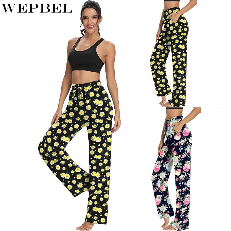 

WEPBEL Long Pants Women's Casual Floral Print Loose Trousers Summer Lace-up High Waist Pocket Yoga Straight-Leg Pants