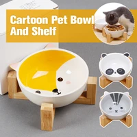 1 pcs cartoon ceramic cat dog bowl dish with wood stand no spill pet food water feeder cats small dog food feeder cute tableware