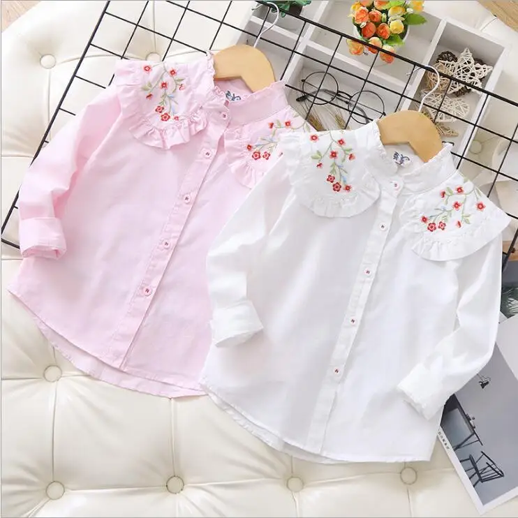 2020 Весенняя хлопковая блузка с вышивкой для маленьких девочек цвет розовый белый