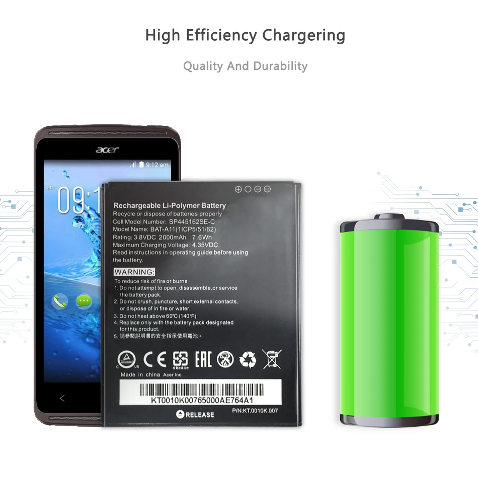

2000mah Battery for ACER BAT-A11 Liquid Z410 T01 Z330 KT.0010K.007