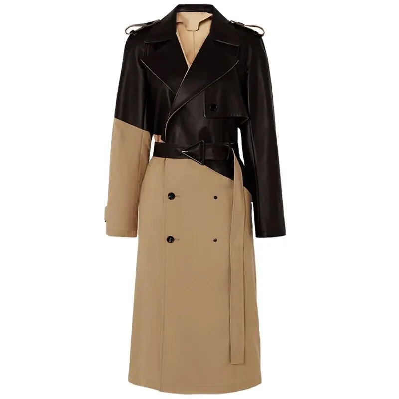 

TVVOVVIN full turn-down collar sleeves PU leather contrast colors double breasted kahki color waist belt female windbreaker ZUSC