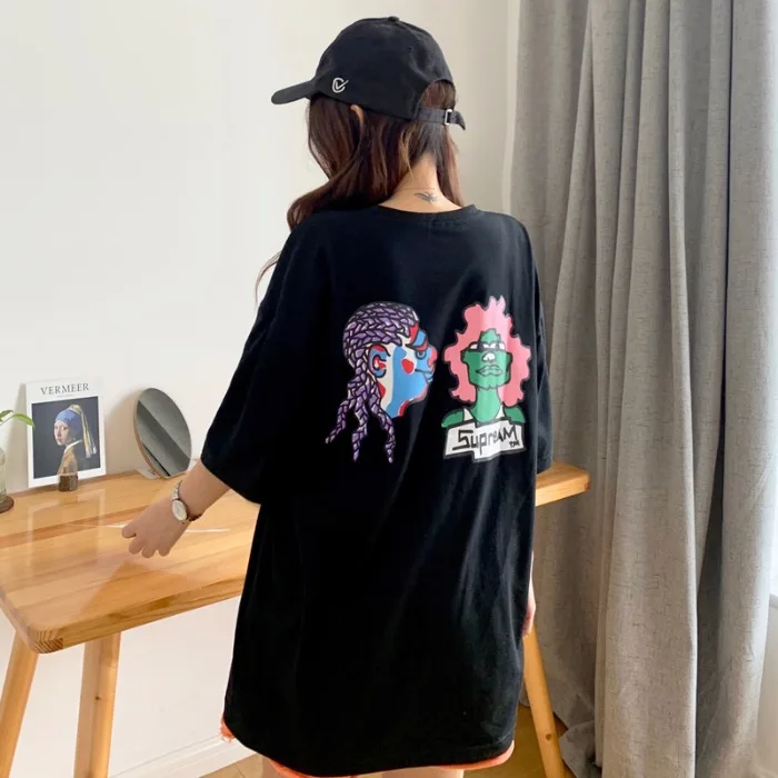 

Women 2021 Fashion College Style Cartoon Letter Print T Shirt Vintage O Neck Short Sleeve Female TShirts Blusas Chic Tops