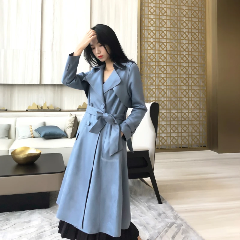 

British style spring and autumn boutique women new high quality suede temperament was thin and long section over the knee Trench