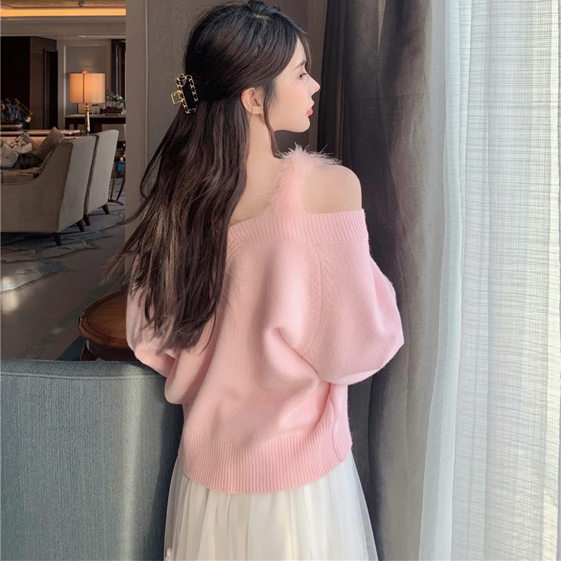 Женский свитер оверсайз с открытыми плечами свободного покроя | Женская одежда