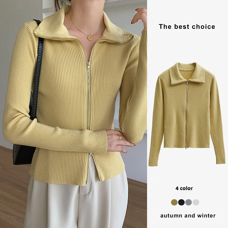 

Вязаный кашемировый кардиган, женские свитера, однотонная облегающая короткая трикотажная одежда, верхняя одежда, топы с двойной молнией и ...