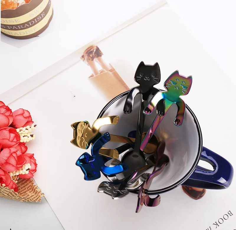 Милые чайные ложки для кошек из нержавеющей стали, Мультяшные ложки «кошка», креативный десерт, мороженое с длинной ручкой, кофейная и чайная ложка, Посуда цвета
