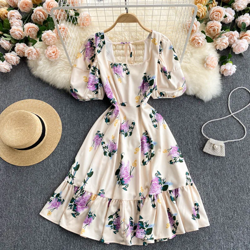 

2021 Women's Summer New Fashion Square Collar Slim Short Sleeve Sweet Print A-line Dress Vintage Clothes Vestido De Mujer