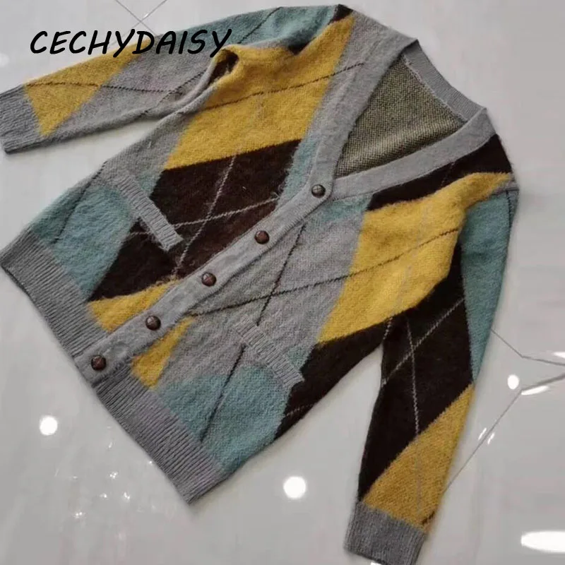 

Casual Cardigans Women Sweater V-Neck Single Breasted Argyle Plaid Knitted Clothes Korean Chic Ladies Tops pull femme ropa mujer