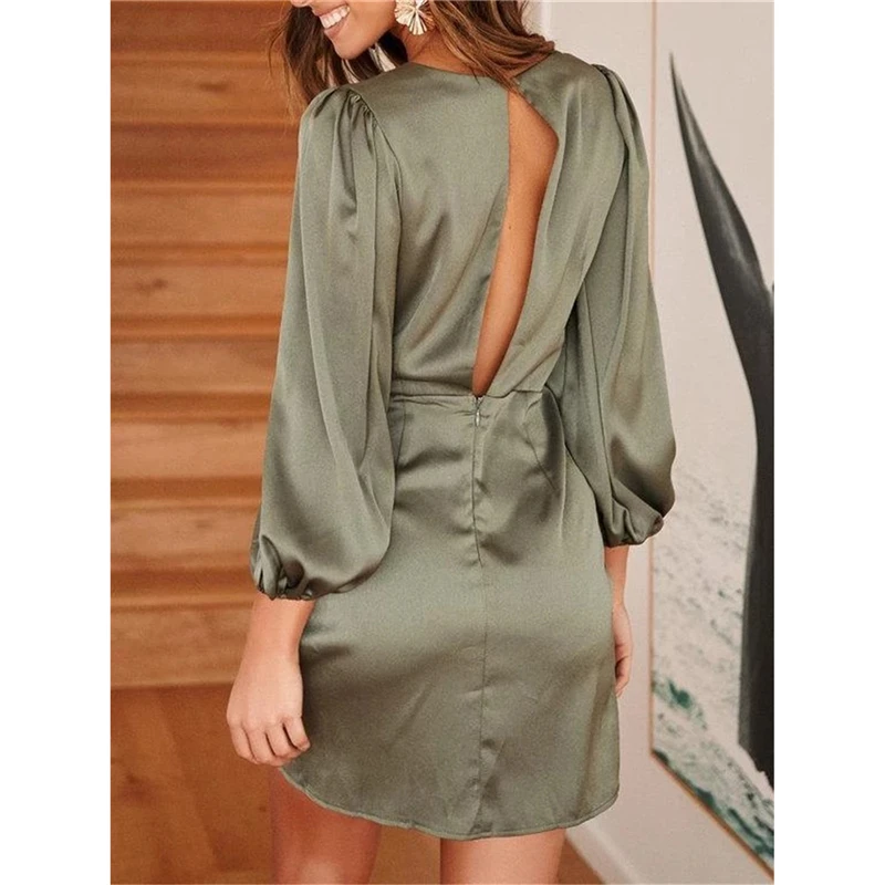 

Women Sexy Deep V-Neck Bodycon OL Mini Dress Elegant High waist long Sleeve Evening Party Club Dress Ladies Fashion Clothes