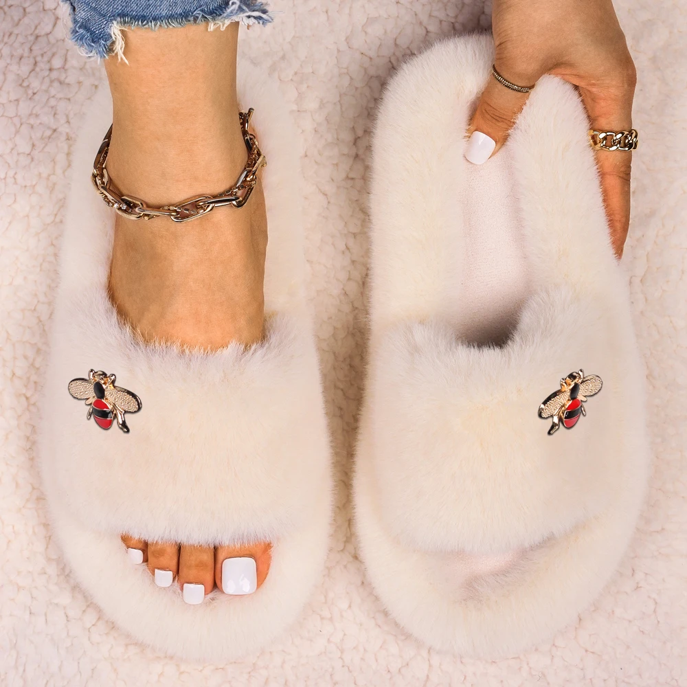 Fluffy Faux Fur Shoes Furry Women Flat Slippers Shining Crystal Rhinestone Insect Indoor Slides Winter Warm Home Flip-Flops