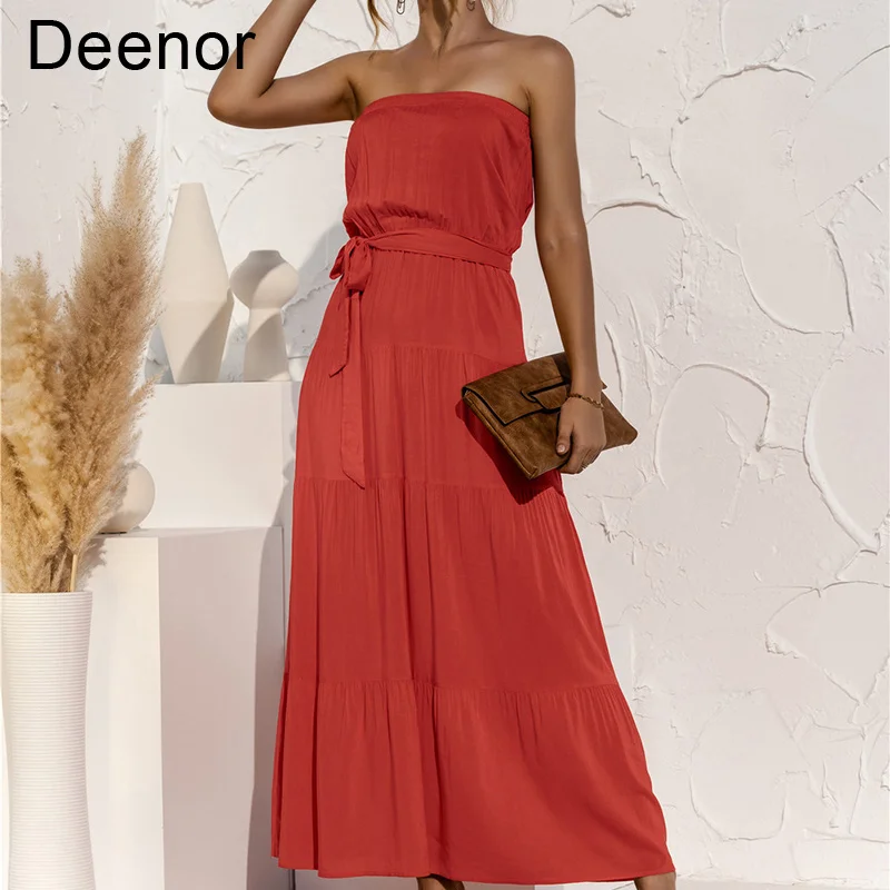 

Deenor Summer Sleeveless off Shoulder Long Dress Holiday Ladies Summer Solid Maxi Dress Femme Casual Sundress Beach Dress