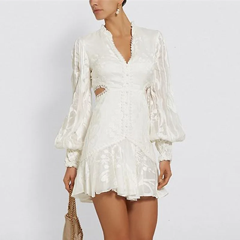 

shop sign sexy New dew waist v neck lantern sleeve of new fund of winters heavy embroidery white dress woman