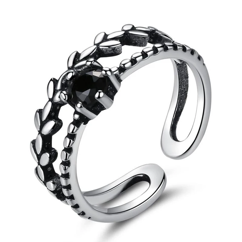 

KOFSAC New Trendy Thai Silver 925 Rings For Women Different Occasion Jewelry Vintage Plant Leaves Black CZ Ring Lady Accessories