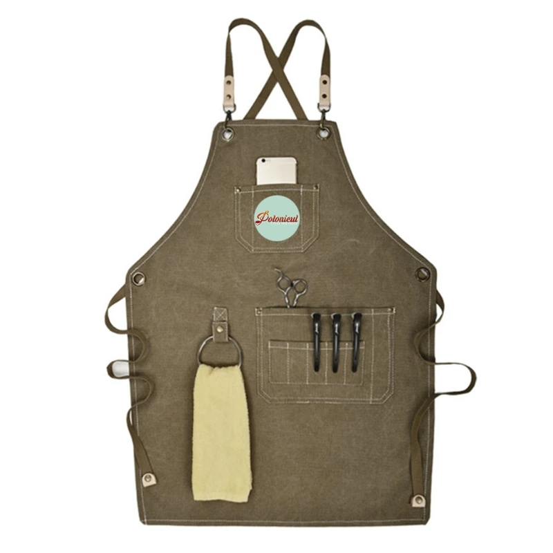 

Canvas Work Apron, Multifunction Tool Aprons with Pockets Back Cross Workshop Ap D08D