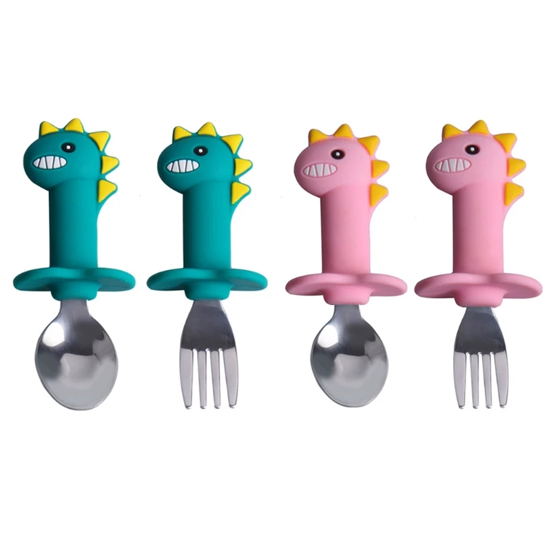 

2Pcs/Set Detachable Baby Stainless Steel Spoon Fork Set Cartoon Silicone Teether Toys Anti-slip Feeding Utensils