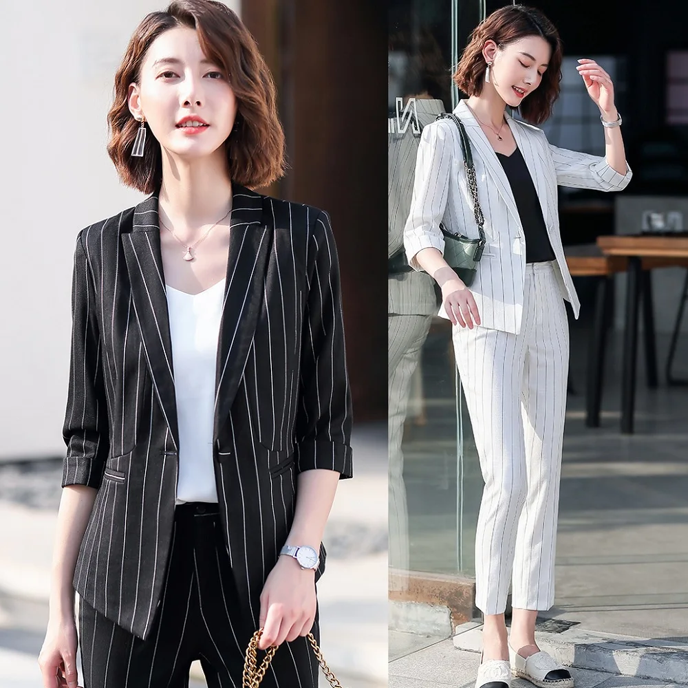 Офисный женский черный полосатый блейзер для женщин деловые костюмы с брюками и