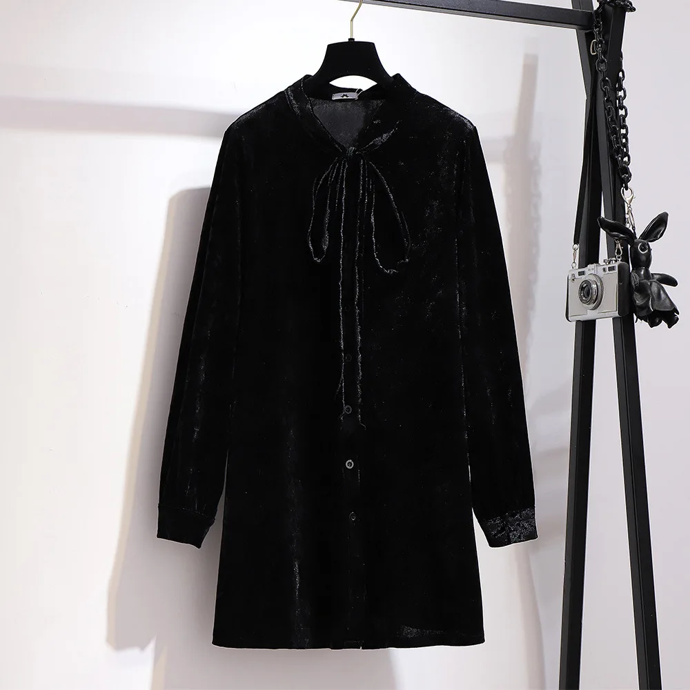

2021 6XL 5XL 4XL Women Long Sleeves Autumn Blouses Vintage Black Velvet Tops Vetement Femme Loose Blouses For Mujer