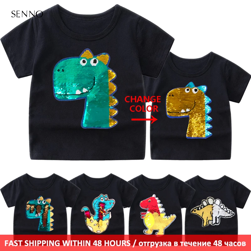 Baby Boys T Shirt Cotton Tops Tees For Boy Cartoon Sequin Dinosaur Kids Outwear children Clothes Tops 2-12 Year Boys Clothes