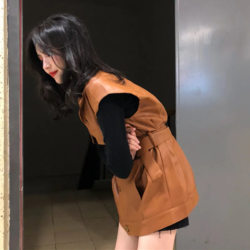 Женский однотонный жилет модная Осенняя однобортная мотоциклетная кожаная