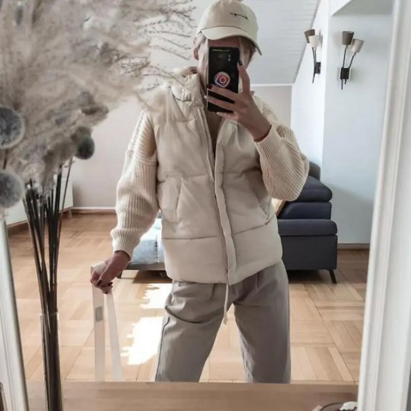 

2021 New Autumn Winter Vest Women Zipper Casual Warm Beige Outwear Woman Parkas Jacket Black Female Vest Top