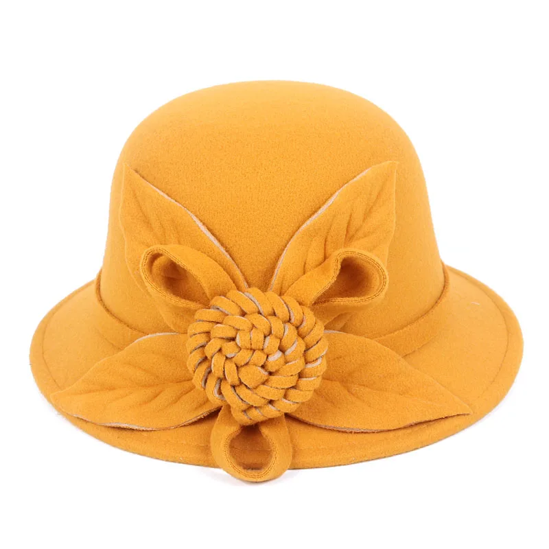 

Winter Bucket Fedora Hat Women Felt Wool 2022 Flower Design woman fedoras ladies Elegant bowler hat Yellow Black Red Gray