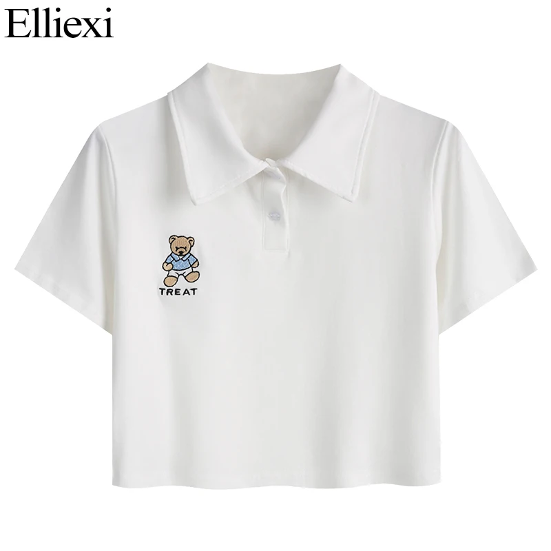 

Elliexi Bear cub Embriodery T Shirt Women Cotton White Short Crop Tops Solid Short Sleeve Turn Down Collar New Design Tshirt