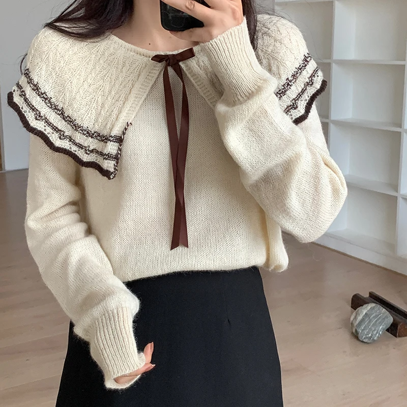 

New Japan Style Cute Sailor Collar Bow Knitted Sweaters Women Auutumn Winter Pullover Sweater Sweet Woman Pink Jumper