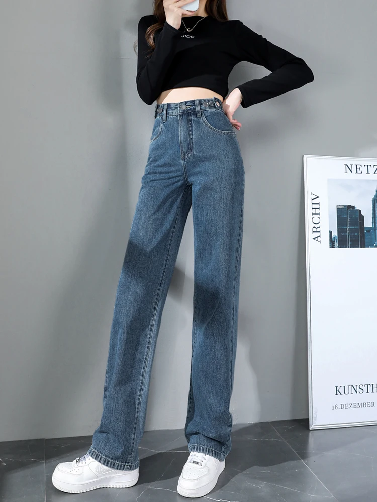 

High Waist Straight Denim Pants Women 2021 New Fashion Loose Leisure Wide Leg Trousers Korean Version Vintage Ladies Jeans