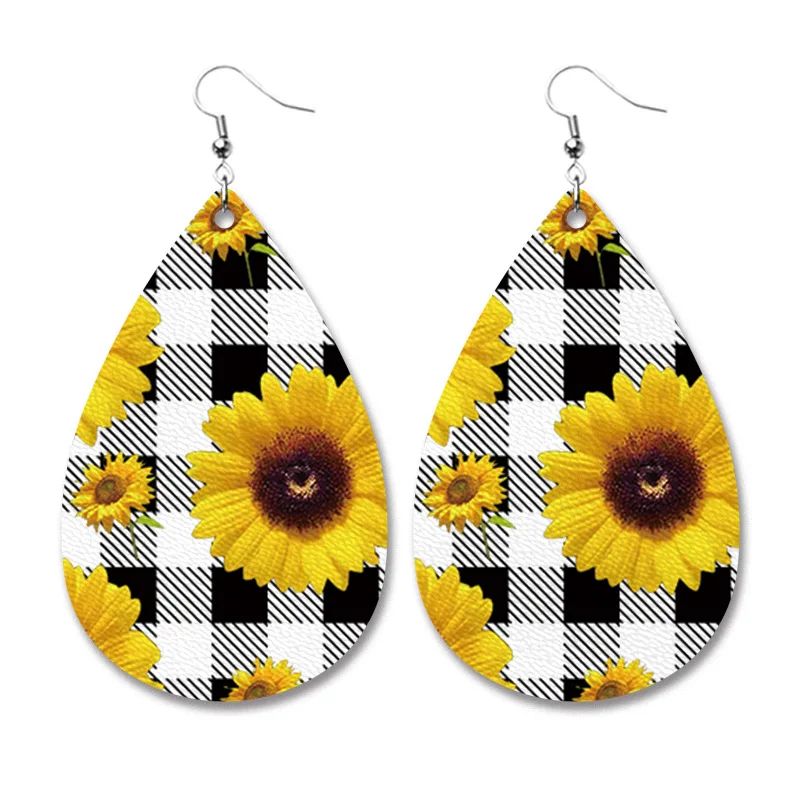 

Sunflower Floral Printing Faux Leather Teardrop Dangle Drop Earrings for Women Leopard Leather Daisy Flower Water Drop Earrings