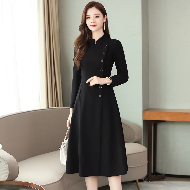 

8909# Autumn New Office Lady Coat Dress Elegant Waist Slim Fit Professional Skirt Slim Big Swing Skirt Large Size M-2XL