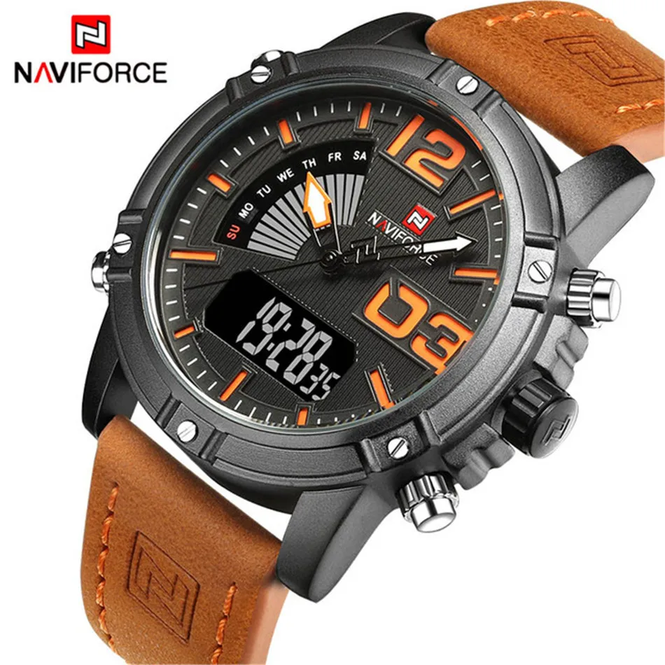 Мужские спортивные часы NAVIFORCE с двойным дисплеем цифровые и аналоговые
