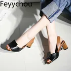 Женские босоножки из ПУ кожи, на высоком каблуке, с открытым носком, на резинке, на толстом каблуке, разные цвета, новинка 2021, пикантные модные повседневные Черные, большие размеры 34-44