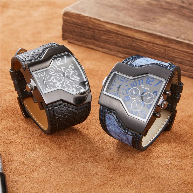 

Oulm 1220 Dragon Pattern Luxury Watches Men Two Time Zone Unique Design Quartz Watch Clock Casual Leather Sport Wristwatch