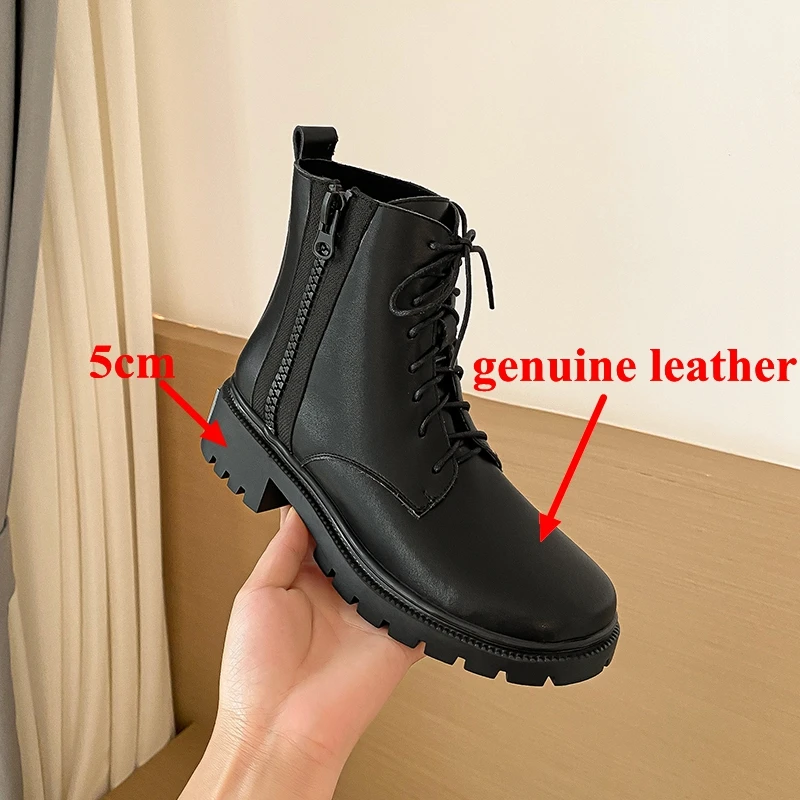 

Autuspin Winter Black Ankle Boots for Women Fashion Round Toe Short Booties Female Genuine Leather Platform Punk Heels Woman