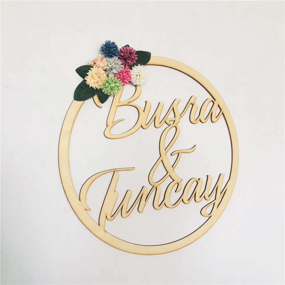 Custom Wreath Wooden Wedding Circle Hanging Personalized Couples Name Flower Sign Romantic Wooden Marriage Party Decorations