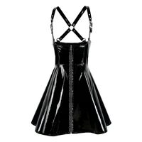sexy women black pvc zipper latex leather wet look bodycon dress sexy clubwear pole dance costume